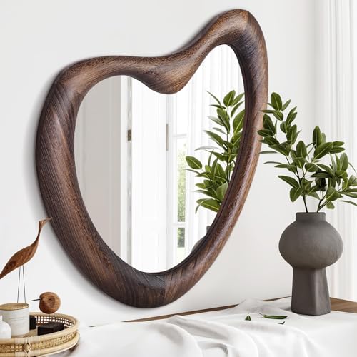 HLFMVWE Specchio da Parete Irregulare, Specchio da Bagno Asimmetrico con Cornice in Legno Montato a Parete, Specchio da Toeletta Unico per Camera da Letto, Soggiorno, Ingresso 50 x 40 cm, Marrone