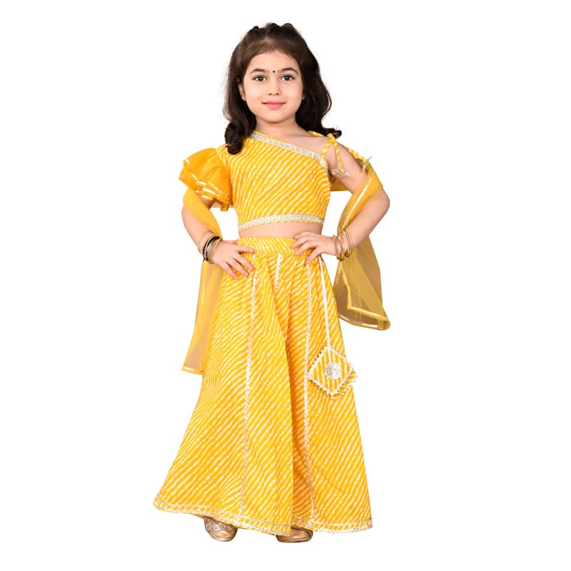 Image of superminis Girl's Cotton One Shoulder Lehariya Printed Readymade Lehenga Choli And Net Dupatta Set