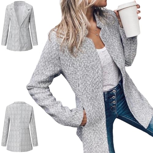 Woolen Street Style Plaid Slim Fit Jacket, Women's Solid Color Pocket Long Sleeve Open Front Coat, Stand Collar Blazer