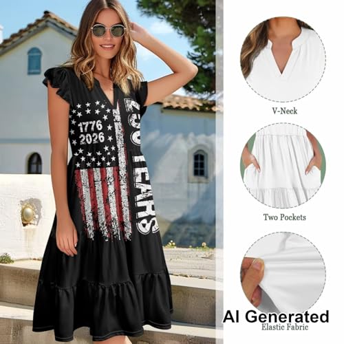 Image of Womens Summer Dress Ruffle Sleeve V Neck Dress Casual Fit Flowy Beach Vacation Sundress with Pocket S-2XL