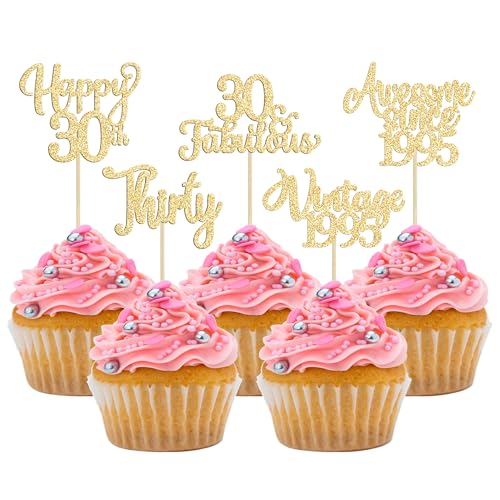 30Pcs Vintage 1995 Cupcake Toppers Glitter Thirty Happy 30th Birthday