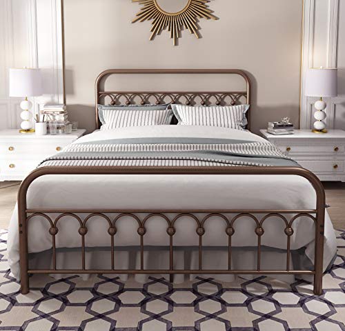 YALAXON-Vintage-Sturdy-Queen-Size-Metal-Bed-Frame-with-Headboard-and-Footboard-Basic-Bed-Frame-No-Box-Spring-NeededAntique-Brown
