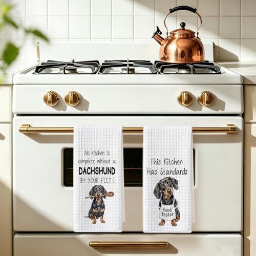 Image of 2 Pcs Funny Dachshund Kitchen Towels 24x14 Inch, Dachshund Gifts Reusable Dish Towels for Kitchen Bathroom Decor, Waffle Weave Absorbent Tea Towel, Cute Weiner Dog Gifts for Women Mom Friend