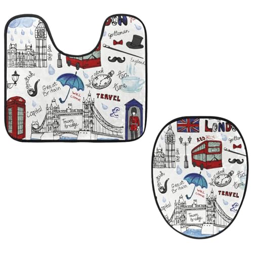 Eslifey Toilettendeckelbezug und U-förmige WC-Bodenmatte Set mit 2 Stück, London Elements Toilettenmatten-Set, maschinenwaschbare Sitzbezüge rutschfeste saugfähige Teppiche