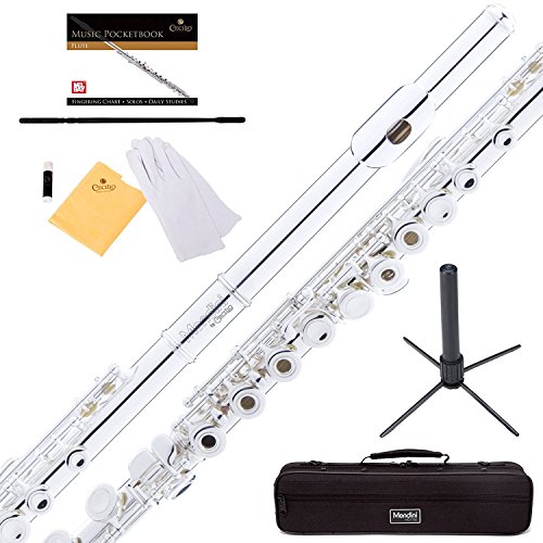 Mendini by Cecilio Silver Plated Open Hole C Flute with Italian Pads, Stand