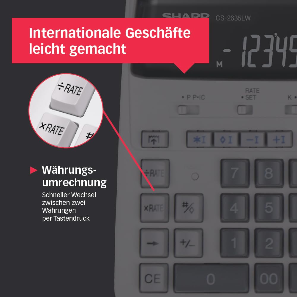 Sharp CS-2635LW Druckender Tischrechner, 12-stellig, LCD Display, Tax & Währungsumrechnung, schwarz/rot Druck, Heavy-Duty-Druckwerk, Netzanschluss