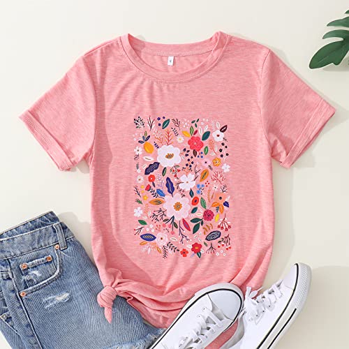 Women's Vintage Wildflower Graphic Summer T Shirt Loose Floral Printed Blouse Tops Girl Flower Short Sleeve Casual Tee (Large, Pink-C) #TOP1