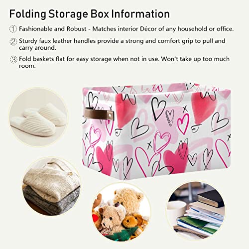 Image of Happy Valentine's Day Pink Love Storage Basket Fabric Laundry Baskets Red Heart Storage Boxes Organizer Bag for Baby Cloth Dog Toy Book Storage Cubes Shelf Closet Bins 16x12x8 Inches
