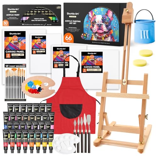 66 Pack Acrylic Paint Set, Shuttle Art Acrylic Painting Set with 30 Colors Acrylic Paint, Wooden Easel, Painting Canvas, Paint Brushes, Palettes, Art
