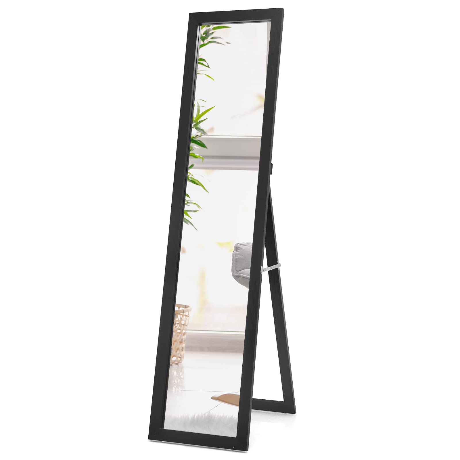 Giantex Full-Length Wood Mirror, Standing Mirror & Wall Mirror, Country House Style Cloakroom Mirror w/Wooden Frame, Free-Standing, for Bedroom, Living Room, Clothing Store (Black)