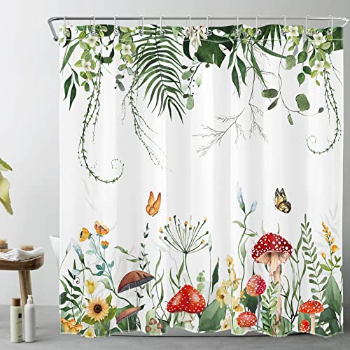 LB Mushroom Botanical Shower Curtain Cottage Core Sage Green Plant Yellow Floral Orange Butterfly Waterproof Shower Curtains for Bathroom Cute Aesthetic Fabric Shower Curtain Set with Hooks,72x72 inch
