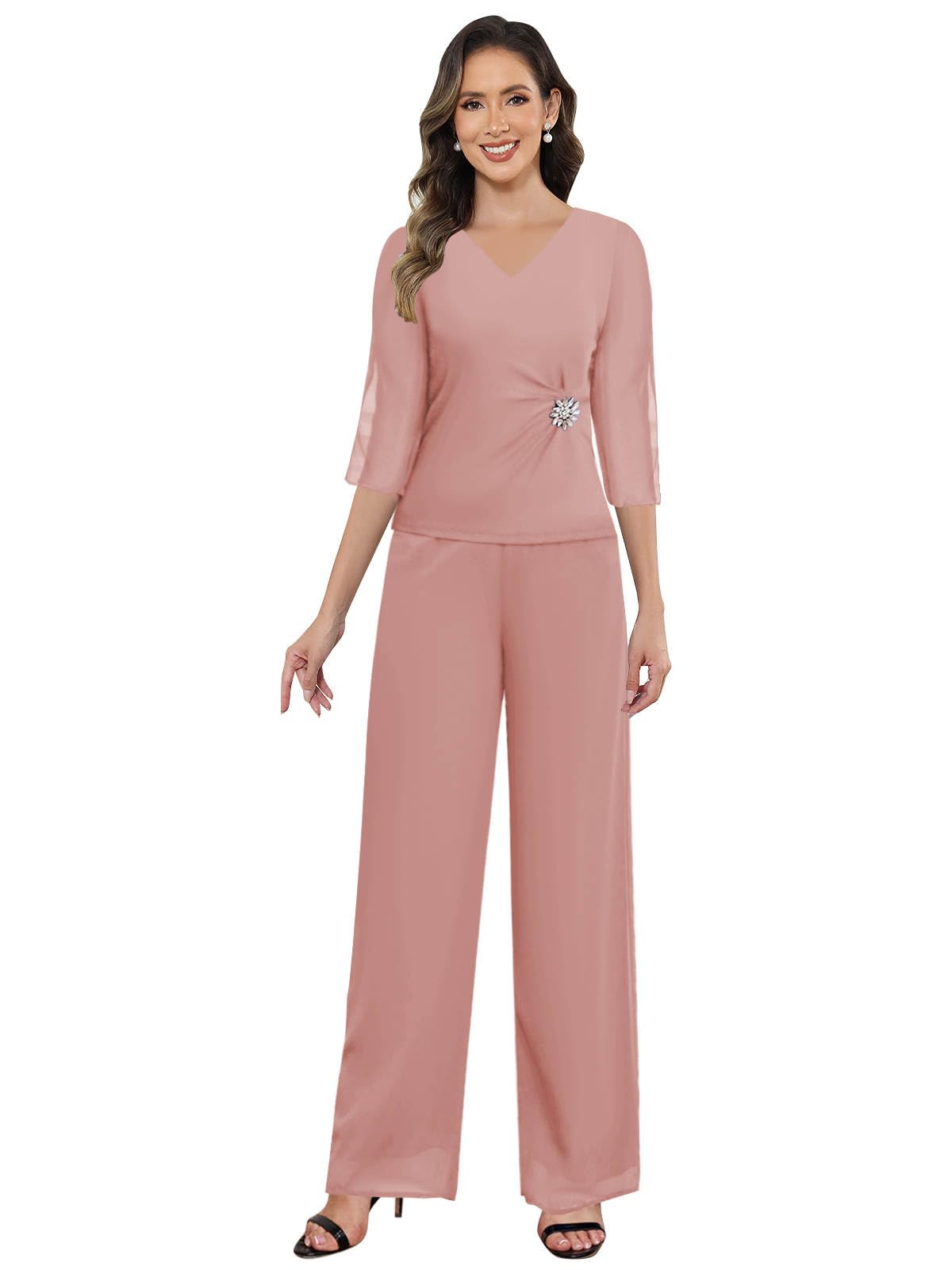 BONOYUER Mother of The Bride Pant Suits for Wedding 2 Pieces Half Sleeve Chiffon Wedding Guest Outfits