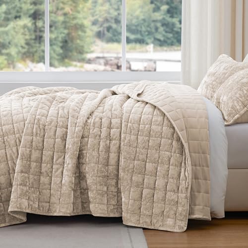 BEDELITE Velvet Quilt Set Queen Size - Luxury Velvet Comforter Bedding Set 3 Pieces, Soft Cozy Urban Taupe Oversized Bedspread Coverlet for All Seasons with 2 Pillow Shams - Image 2