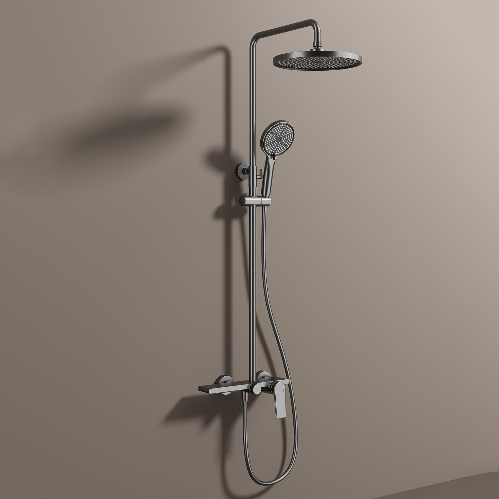 BiaoTeng Colonna Doccia con Miscelatore e Cascata Rotonda con 3 Modalità Doccetta, Caldo e Freddo Ottone Kit per Doccia a Muro Grigio