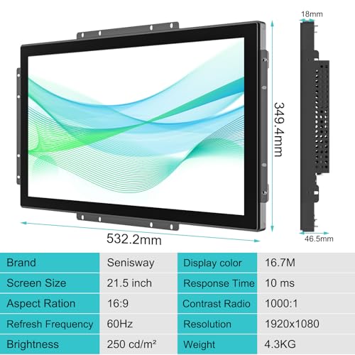 Image of 21.5 Inch 10 Points Industrial Capacitive Touch Monitor, IP65 Waterproof 1920x1080 @ 60Hz TFT LCD IK08 Open Frame Design Touch Screen Suitable for kiosks