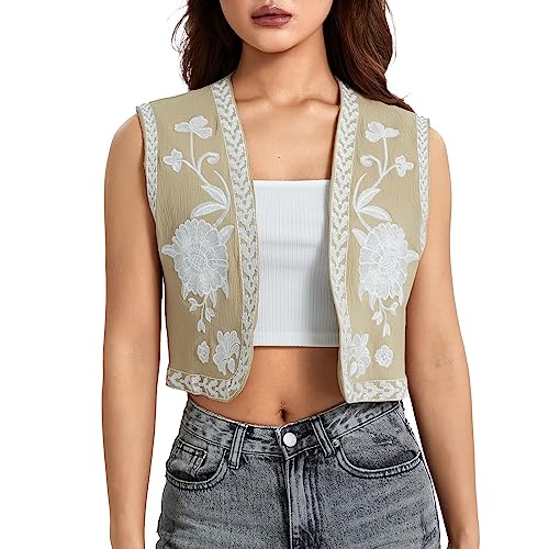 Image of Women Vintage Floral Embroidered Vest Y2K Sleeveless Open Front Cardigan Boho Linen Cropped Waistcoat