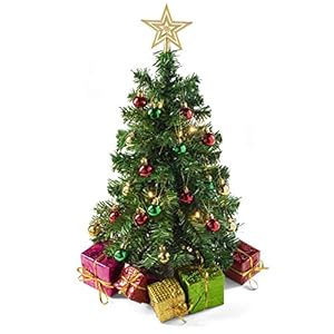 Prextex 23 Inch Tabletop Mini Christmas Tree Set with Warm-White LED Lights, Star Treetopper, Decorated Gift Boxes and…