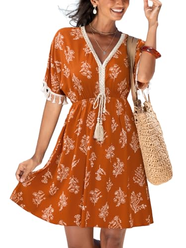 CUPSHE Robe d'été pour femme - Avec pompons - Motif cachemire - Style bohème - Col en V - Manches courtes - Pour les vacances, la plage, Orange, M
