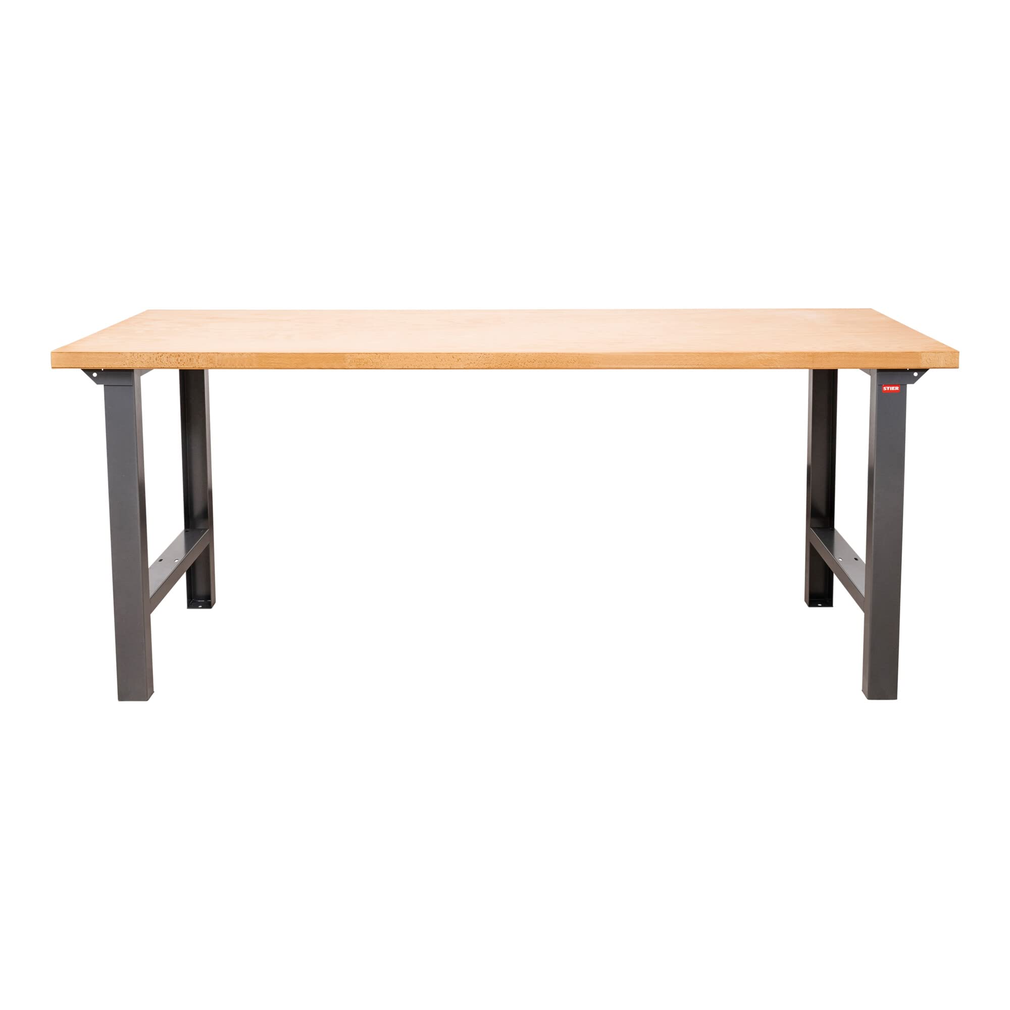 STIER Höhenverstellbare Werkbank Premium, 200x70x79-114cm, pulverbeschichteter Stahl und Buche, perfekt für vielseitige, ergonomische Arbeitsplatzgestaltung in Werkstätten
