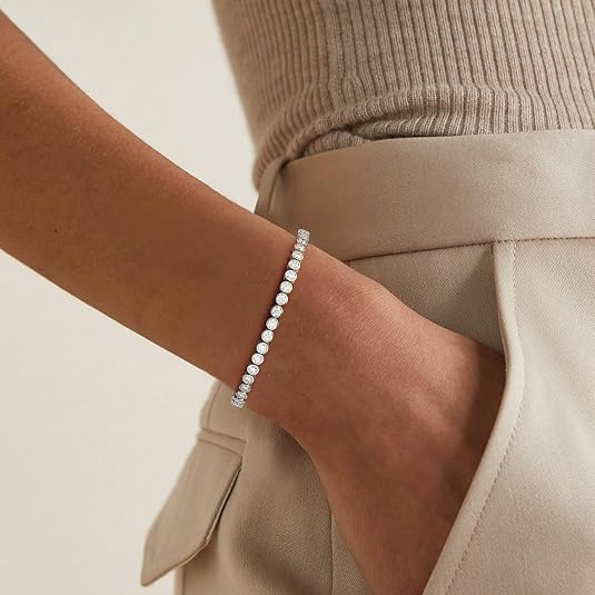 Moissanite Tennis Bracelets for Women: White Gold Plated 925 Sterling Silver Round Chain Sparkling 3mm Diamond VVS1 D Color Solitaire Precious Bracelet Birthday Valentine's Day Wedding Brides Jewelry3