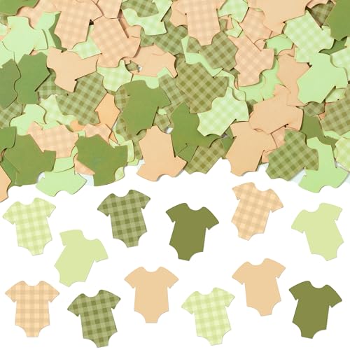 Image of BeYumi Baby Shower Table Confetti - 300Pcs Brown Green Short-Sleeve Bodysuits Table Confetti Decorations Plaid Baby Outfit Scatter Paper Decor for Baby Shower Gender Reveal Birthday Party Supplies