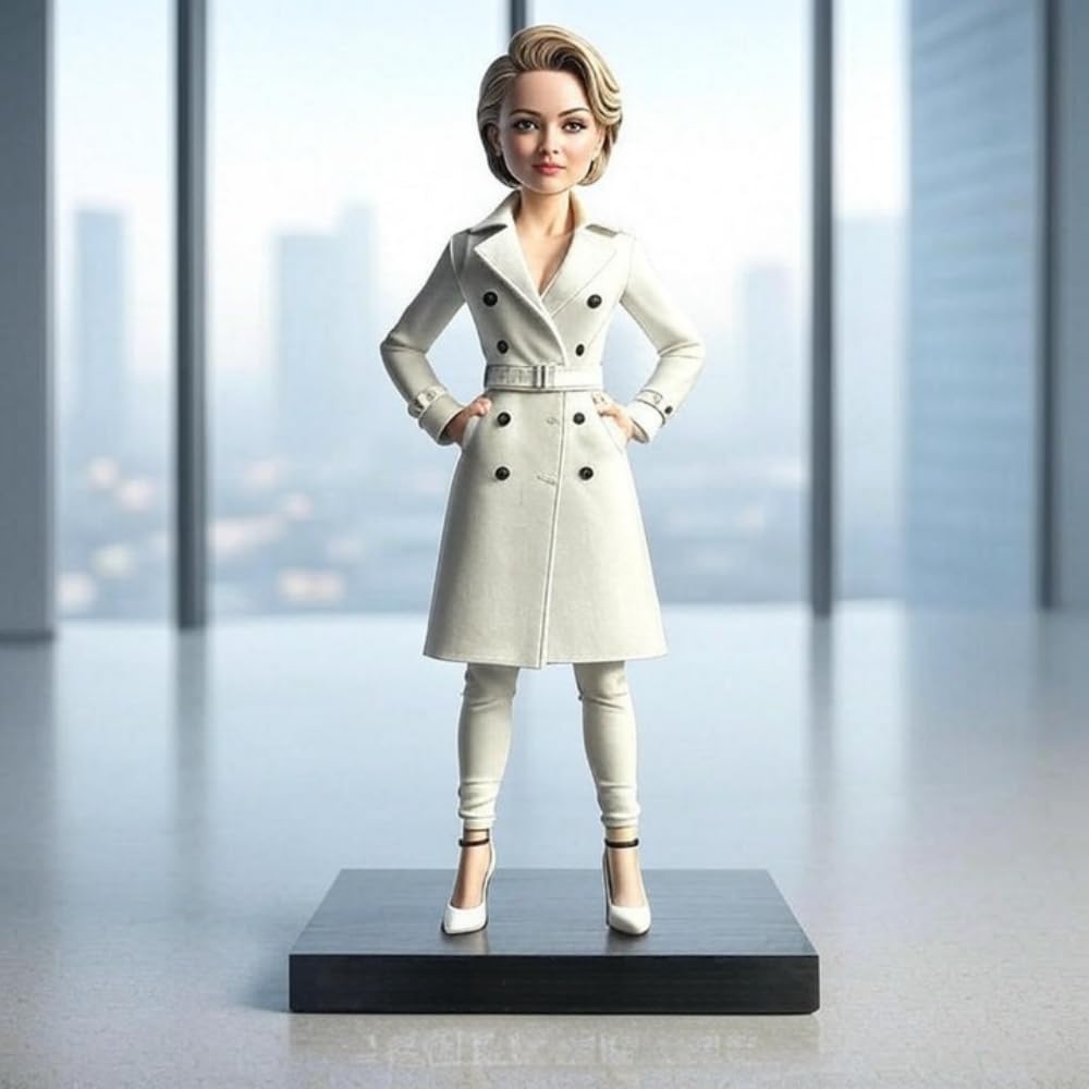 Bobblehead personalizzato - Regali personalizzati per donna in carriera sicura in trench bianco mani sui fianchi, decorazione per la casa dell'ufficio Souvenir oggetti da collezione fatti a mano in