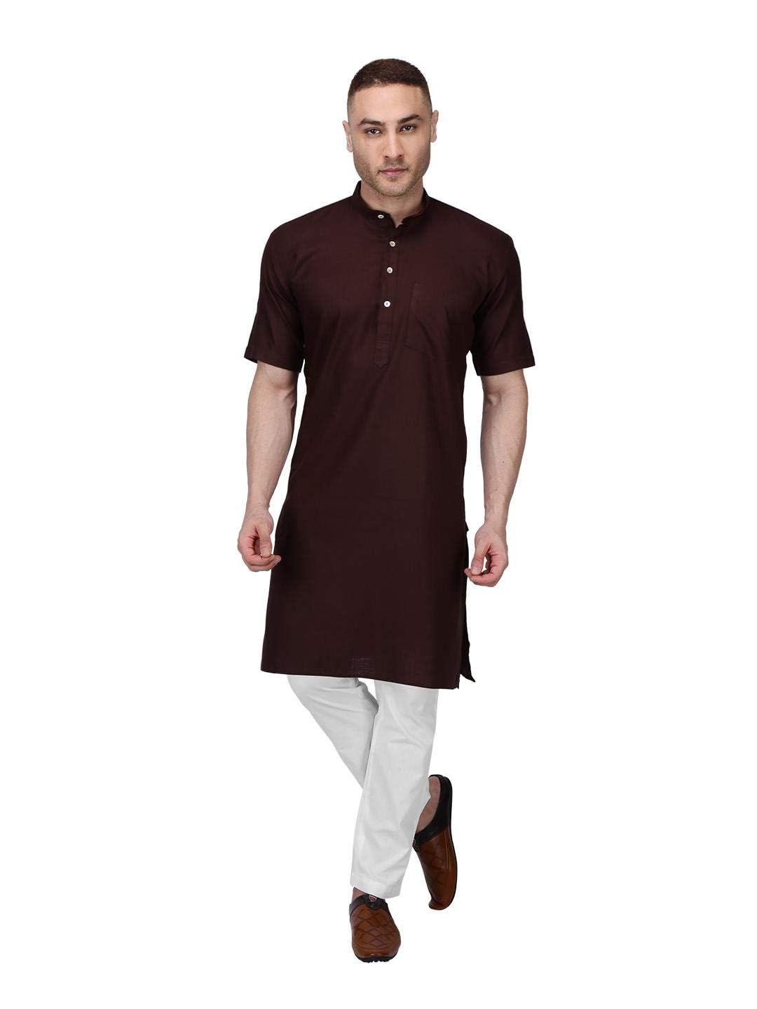 fashtastic Men's Brown Premium Cotton Half Sleeve Solid Kurta Pajama Set/Modi Kurta Pajama Set/Modi Jabba Set-picture-34