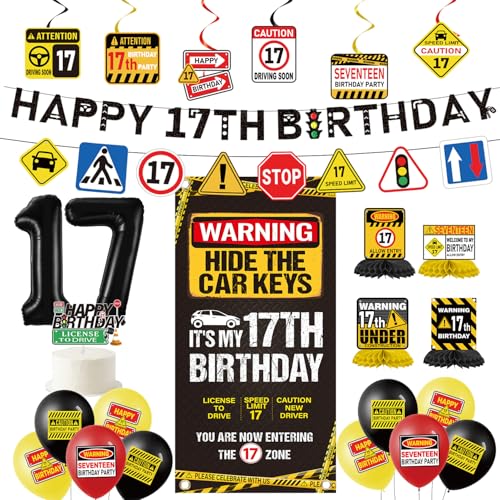Luvart 17th Learner Driver Birthday Decorations - 29 Pcs Happy 17th Birthday Learner Driver Banner with Car Road Signs Hanging Swirls Door Cover Balloons Party Decoration for Boys 17 Years Old