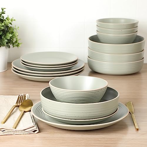 Image of Gibson Home Dinah Double Bowl Stoneware Embossed Speckled Dinnerware Set - Sage Green, Service for Four (16pcs)