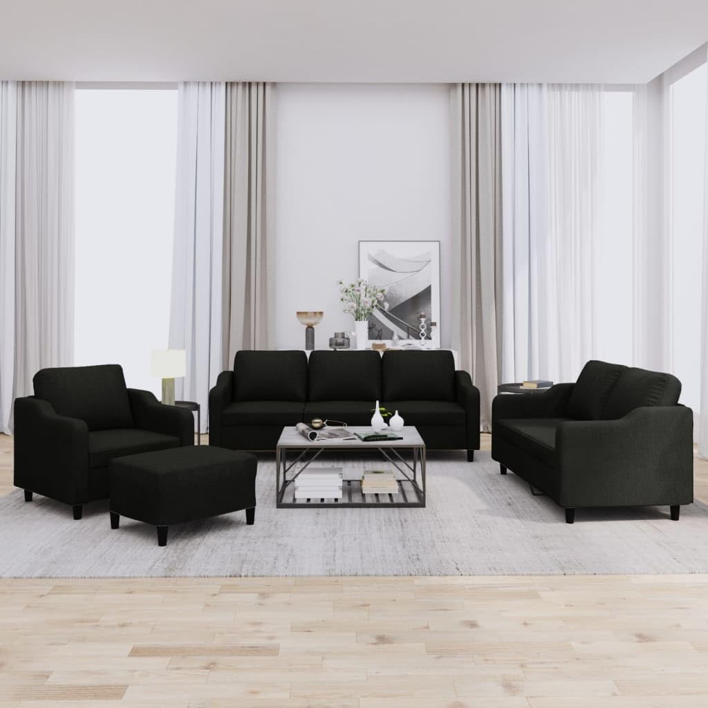 vidaXL Ensemble de Canapés avec Coussins 4 pcs, Canapés avec Accoudoirs et Dossier, Ensemble de Meubles avec Repose-Pied Salon, Moderne, Noir Tissu