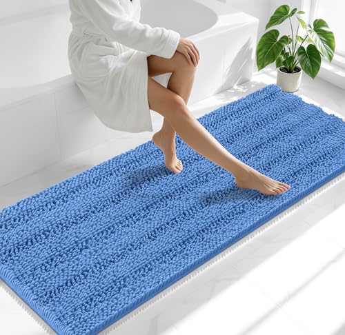 Image of Smiry Thick Chenille Bathroom Runner Rugs 70x24, Bath Mat, Cornflower Blue | Quick‑Dry & Machine Washable, Non‑Slip Bath Carpet, Soft Striped Bath Rugs for Tub & Shower, Modern Home Decor Accessories