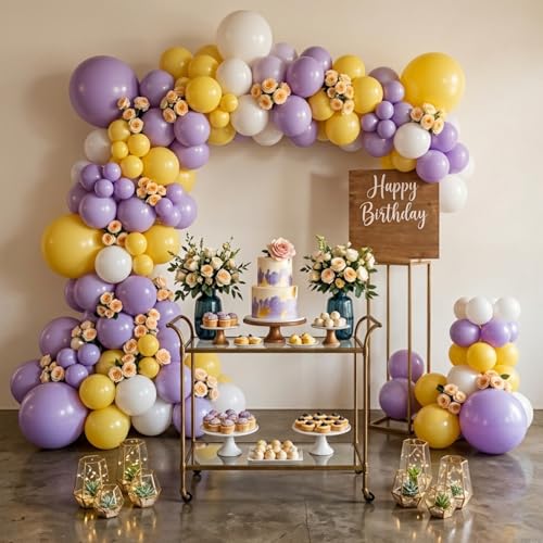 Image of Party Propz Balloons for Decoration - Set of 51 Pcs Yellow Purple White Balloons for Decoration, Balloons with Balloon Arch Strip for Birthday Party & Home Decoration (Latex)