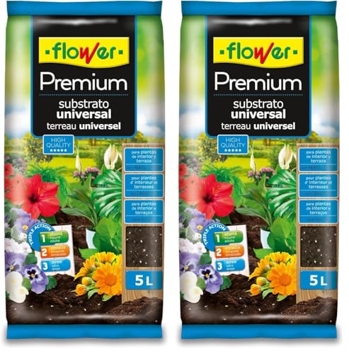 Flower - Sustrato Universal Premium 5L | para Plantas de Interior y Terraza | Enraizante y Aireante con Fibra de Coco | Multicolor, 24x4.5x39 cm, Sustrato (Paquete de 2)