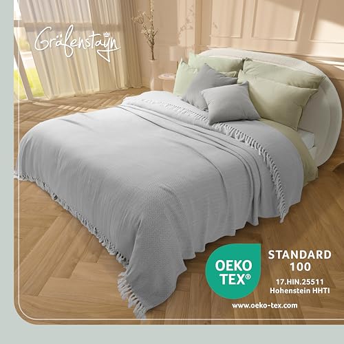 Gräfenstayn Premium Tagesdecke mit Fransen - 100% Baumwolle - 180 x 240 cm - Fischgrätenmuster Sommerdecke - Baumwolldecke als Bett-Überwurf, Couch-Überwurf, Sofa-Decke (Grau)