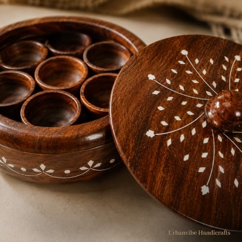Image of Wooden Masala Box & Spoon | Sheesham Wood Spice Box with White Floral Inlay Design on Lid & Side | Handmade Round Masala Dabba Organizer (7 Containers, 40 ml Each, Brown)