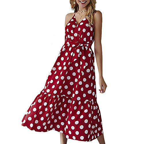 StarLifey Vestido de Mujer con Cuello en V y Lunares sin Mangas Vintage Vestido Largo con cinturón