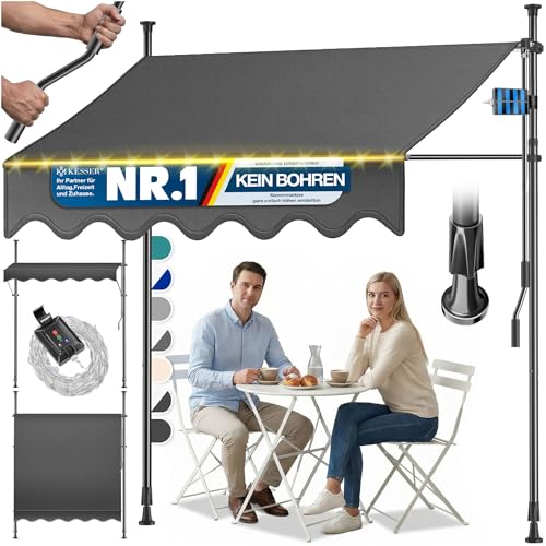KESSER® Klemmmarkise mit Handkurbel & LED Lichterkette | Balkonmarkise ohne Bohren | Markise UV-beständig höhenverstellbar & wasserabweisend | Sonnenschutz für Balkon Terrasse & Garten 250cm