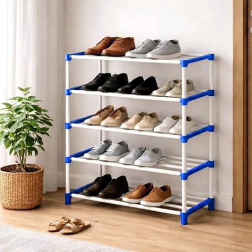 Image of 5 Tier Shoe Rack with Shelf, Thick Strong Pipes for Heavy Load Multipurpose Organizer Rack Shoe, Cloth & Book Storage Shelf for Home, Balcony, Living Room & Workspace