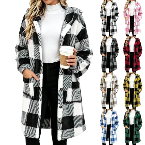 AUEZOIC Fleece Jacket for Women Hooded Plaid Long Coat Fuzzy Hoodie Jacket - image 1