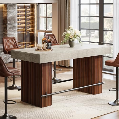 Image of Tribesigns 62.2 Inch Bar Table, Industrial Bar Height Counter Table, Rectangular Home Bar Units with Metal Footrest for Home Kitchen, Dining Room, Bistro, Gray Cement and Red Brown