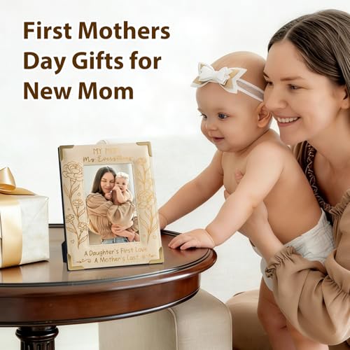 Image of FLYAB 4x6 Mothers Day Picture Frame First Mothers Day Gifts for New Mom from Husband Parents Mom Picture Frame Decorations for Tabletop Wood Leather Frame Beige
