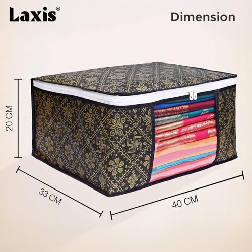 Image of LAXIS Foldable Royal Print Saree Cover Set, Saree Bags, Saree Covers For Storage, Wardrobe Organiser | (Golden-Black, Pack of 3)