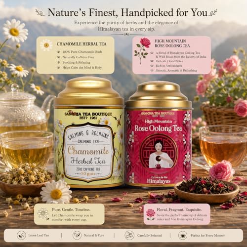 Image of Sancha Tea Boutique, Tea Combo Pack: Chamomile Herbal (50g), Caffeine Free Herbal Tisane & Rose Oolong Teas (50G), Best for Weight Watchers