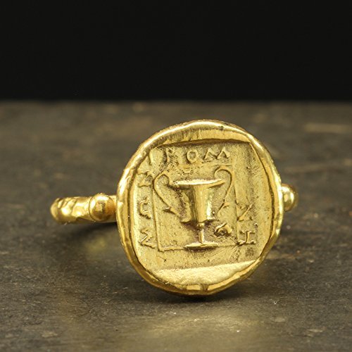 HandmadeCaprixus Signet Ring 925 Sterling Silver Ring Ancient Greek Athens Kantharos Coin Ring 24K Gold Vermeil Designer Handmade Rings for Women Hammered Granulated Pinky Ring Turkish Fine Jewelry