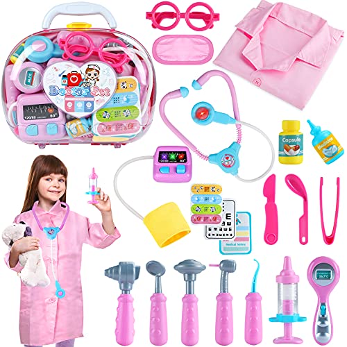 Tepsmigo Kids Doctor Kit for Girls, Pink Doctor Kit with Roleplay Doctor Costume and Carry Case for Toddlers Kids, Medical Dr Kit Toys for Girls Age 3 4 5 6 7 Year Old