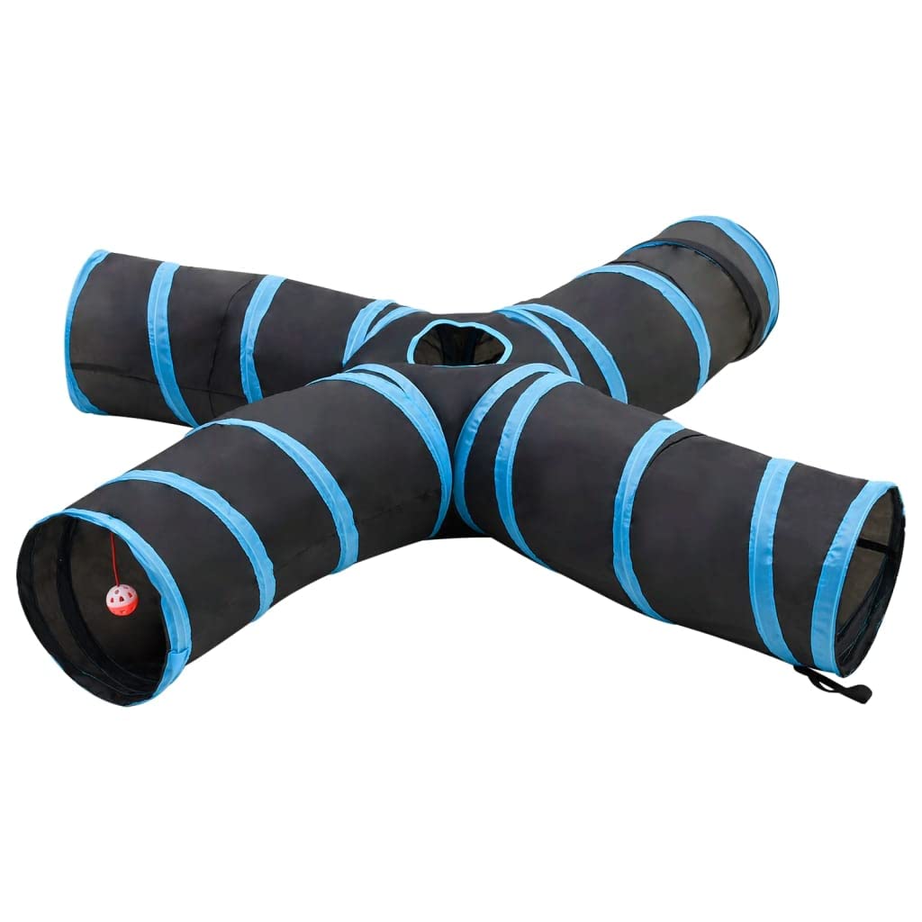 Katzentunnel 4 Wege Schwarz Blau 25 cm Polyester, Krabbeltunnel mit Guckloch, Faltbar mit Tragetasche, für Indoor Outdoor, Spielzelt, Versteck, Höhle, Garten, Park