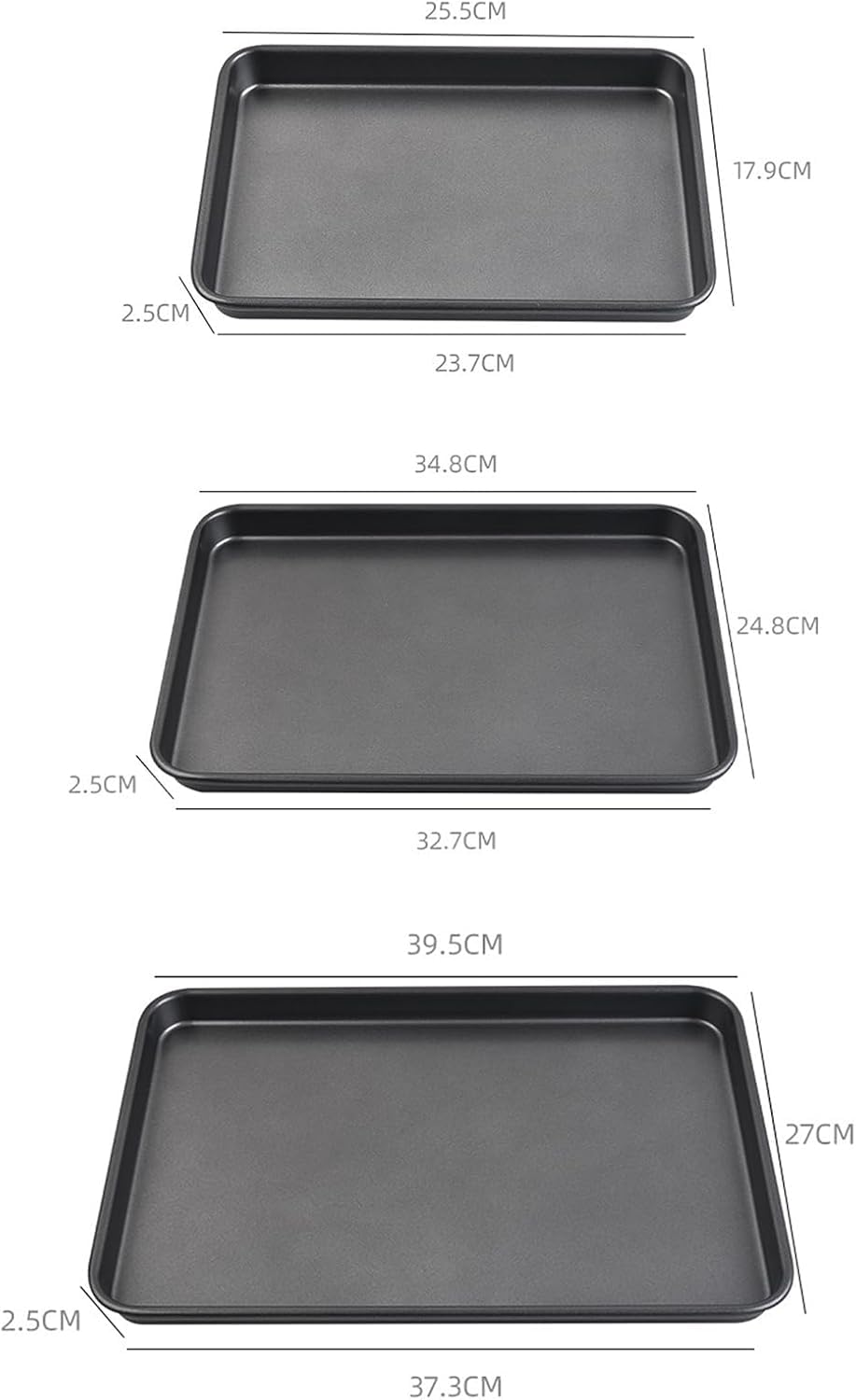 Set di 3 teglie da forno antiaderenti in acciaio inox (39,5/35,4/25,4 cm) con design anti-goccia per biscotti, torte, pane, tacchino – & versatile (nero)