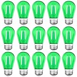 GUILEDUO 15 Pack S14 LED String Light Bulbs, Shatterproof 2 Watt Green Replacement Bulbs for Outdoor String Light, Waterproof Decorative E26 Base Green Filament Edison Christmas Light Bulbs
