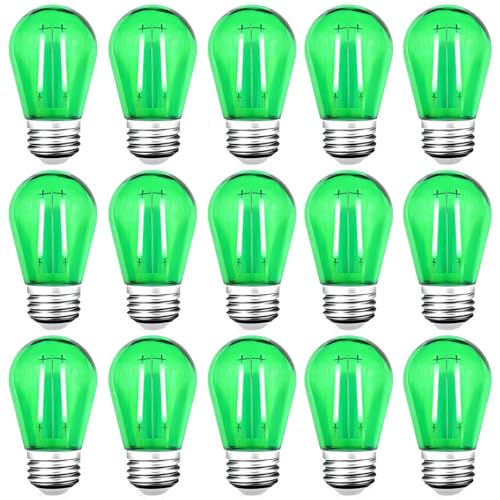 GUILEDUO 15 Pack S14 LED String Light Bulbs Shatterproof 2 Watt Green Replacement Bulbs for Outdoor String Light Waterproof Decorative E26 Base Green Filament Edison Christmas Light Bulbs