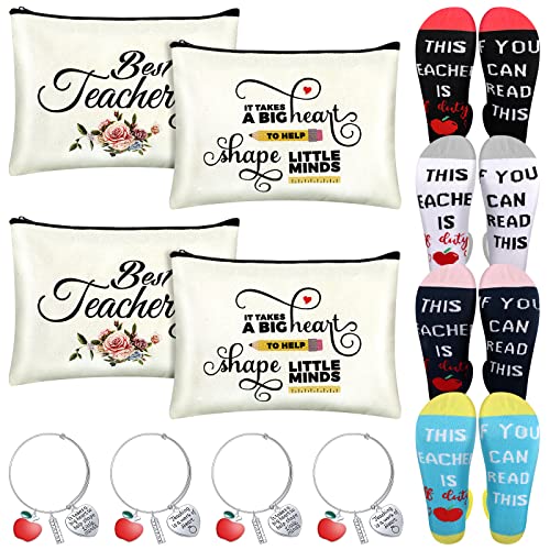 12 Pcs Teacher Appreciation Gifts Set, 4 Teacher Off Duty Socks, 4 Travel Cosmetic Pouch Makeup Bags, 4 Teacher Bracelet Expandable Bangle Funny Teacher Gifts Graduation Holiday Favors